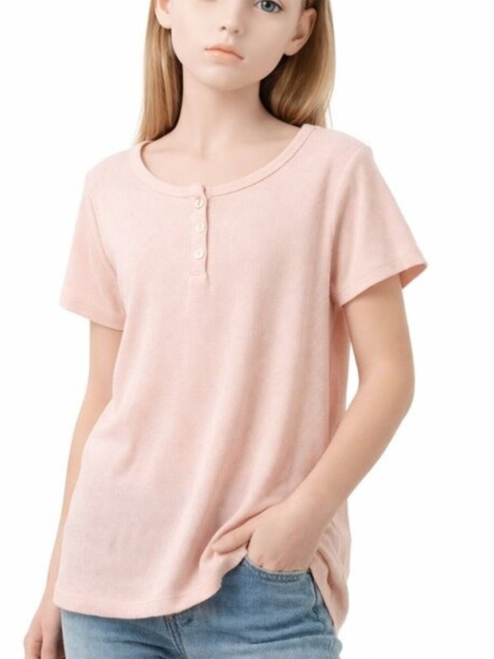 Cat & Jack Girls Top Pale Pink Ribbed Short Sleeve Henley  L 10/12